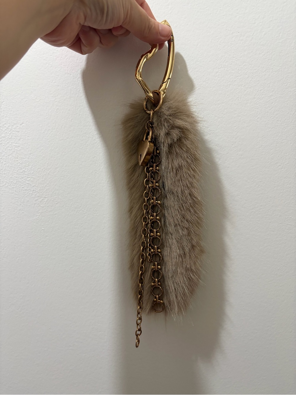 Free People Taupe Faux Fur Pom Keyring with Gold Chains - Picture 2 of 4